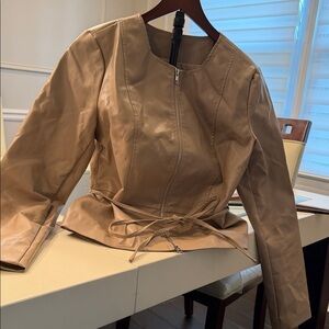 Women’s Tan Leather Zip-Front Jacket with Waist Tie